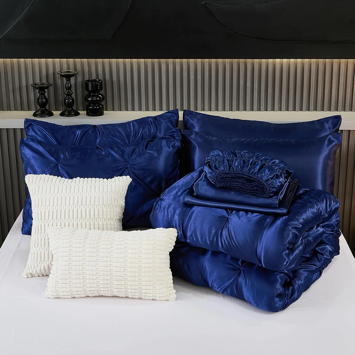Bedbay Luxury Satin Comforter Set King Size 10 Pcs,Pinch Pleat Bedding Set,King Bed in a Bag Set,Navy Blue Satin Bed Sheets with Comforter,Bed Skirt,Flat Sheet,Fitted Sheet,Decorative Pillowcases