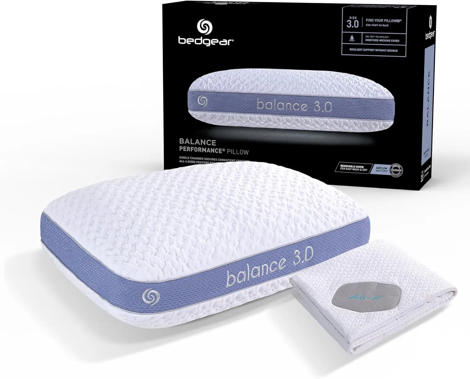 Bedgear Balance Size 3.0 Pillow & Dri-Tec Protector - Queen Size - Sleep Essentials Bundle