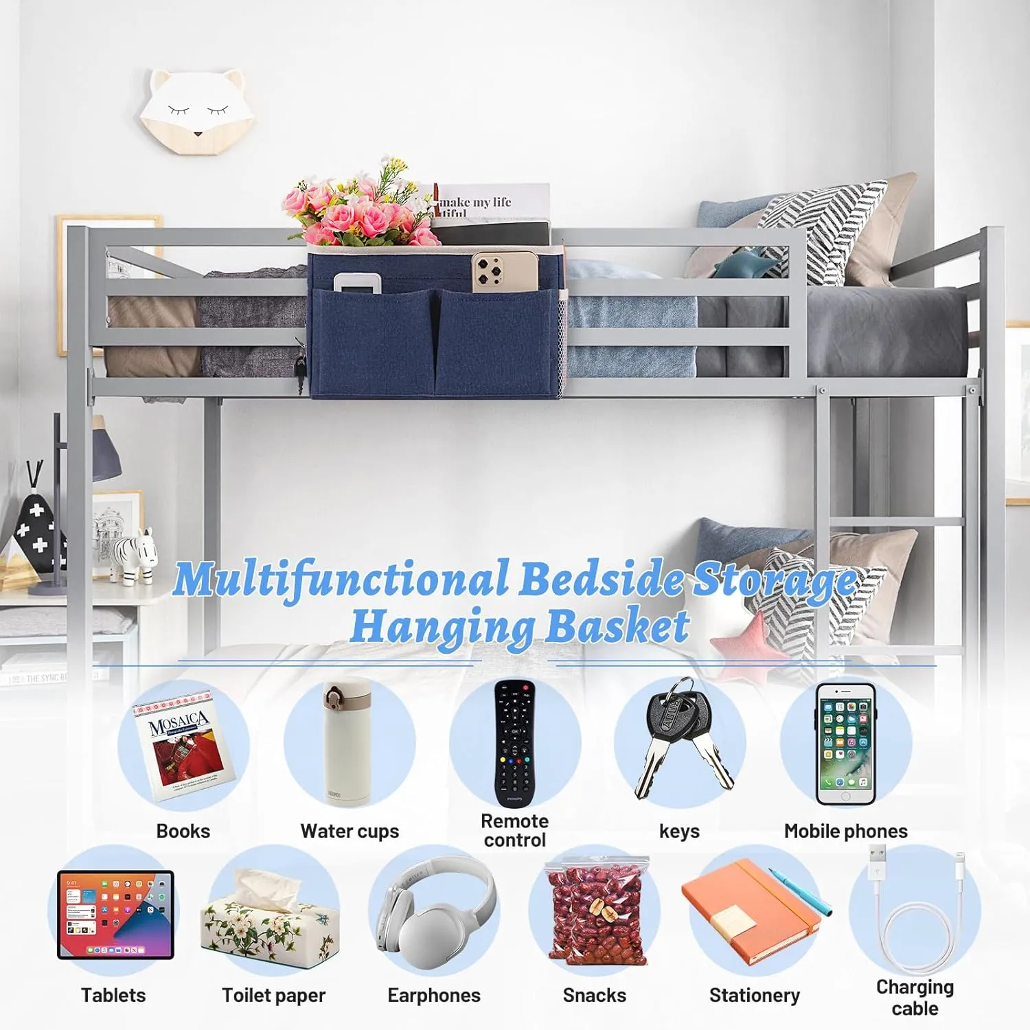 Bedside Caddy Hanging Storage with Water Bottle Holder for Bunk Bed Hospital Bed Dorm Rooms (2 Pack Dark Blue)
