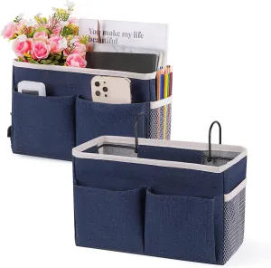 Bedside Caddy Hanging Storage with Water Bottle Holder for Bunk Bed Hospital Bed Dorm Rooms (2 Pack Dark Blue)