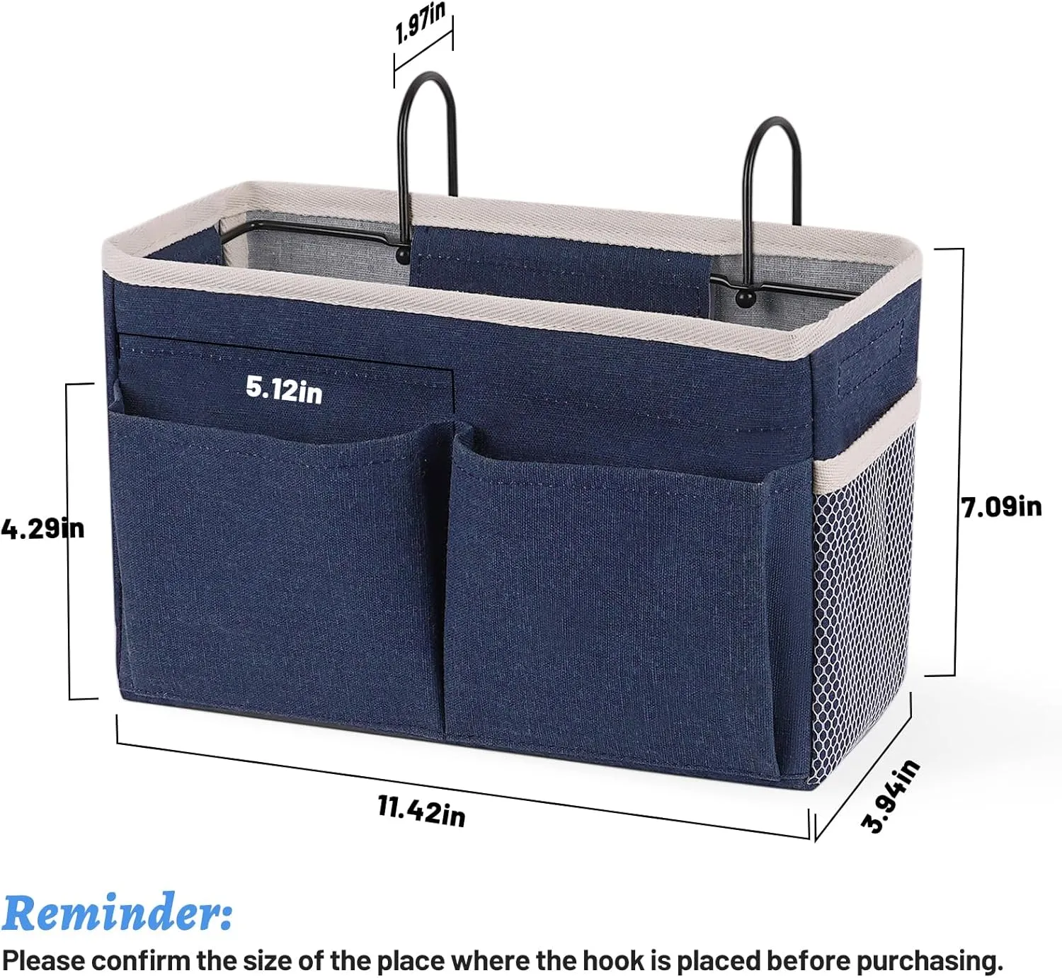 Bedside Caddy Hanging Storage with Water Bottle Holder for Bunk Bed Hospital Bed Dorm Rooms (2 Pack Dark Blue)