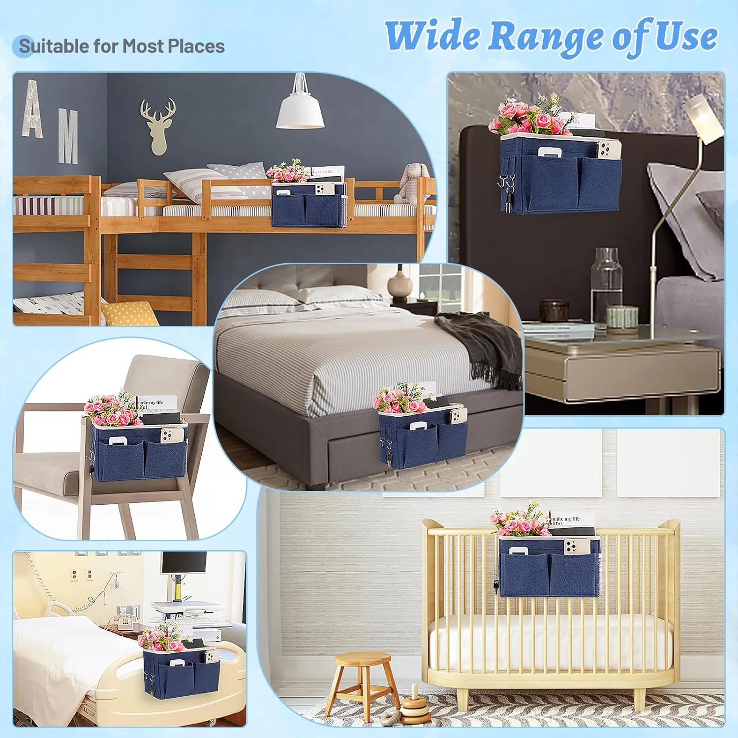 Bedside Caddy Hanging Storage with Water Bottle Holder for Bunk Bed Hospital Bed Dorm Rooms (2 Pack Dark Blue)