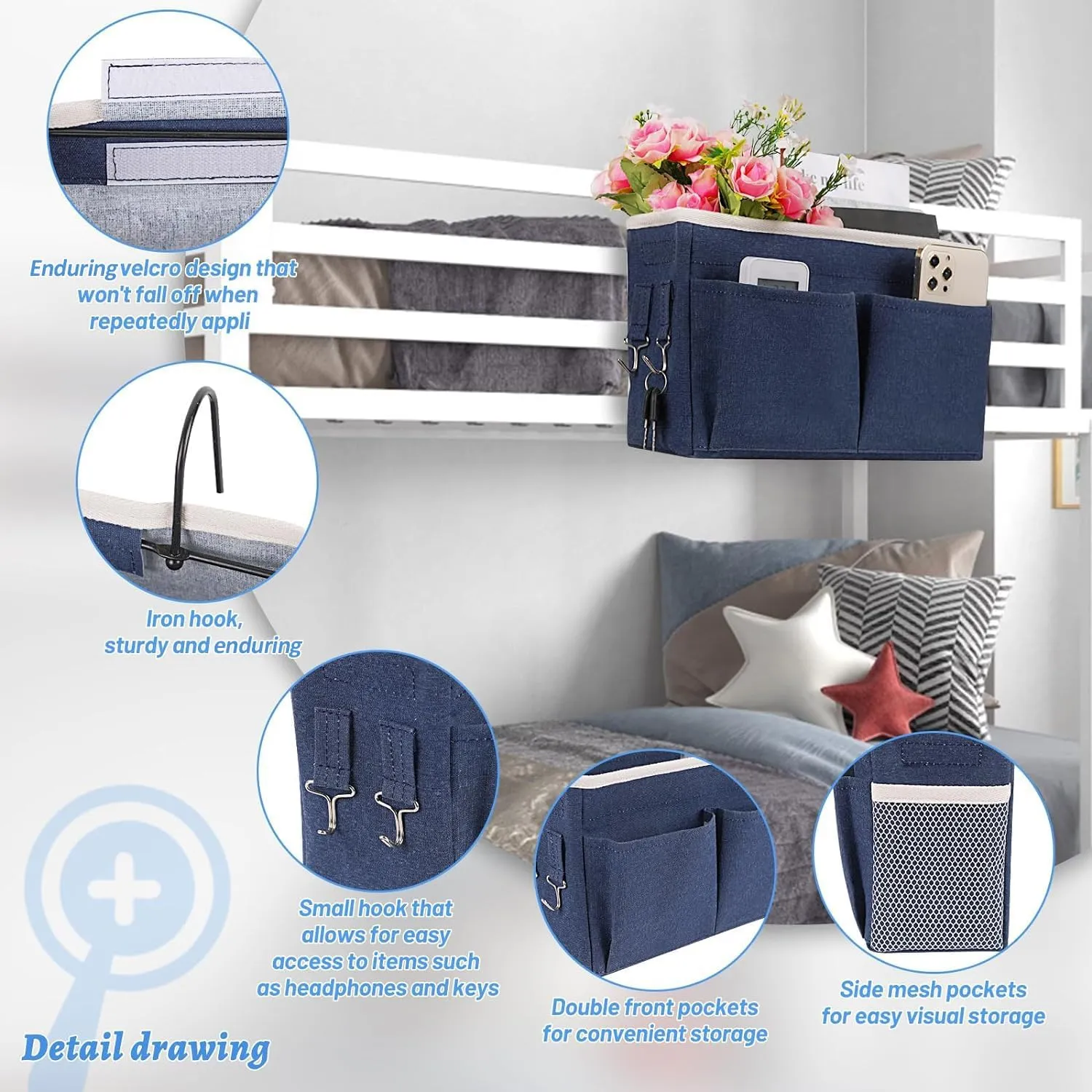 Bedside Caddy Hanging Storage with Water Bottle Holder for Bunk Bed Hospital Bed Dorm Rooms (2 Pack Dark Blue)