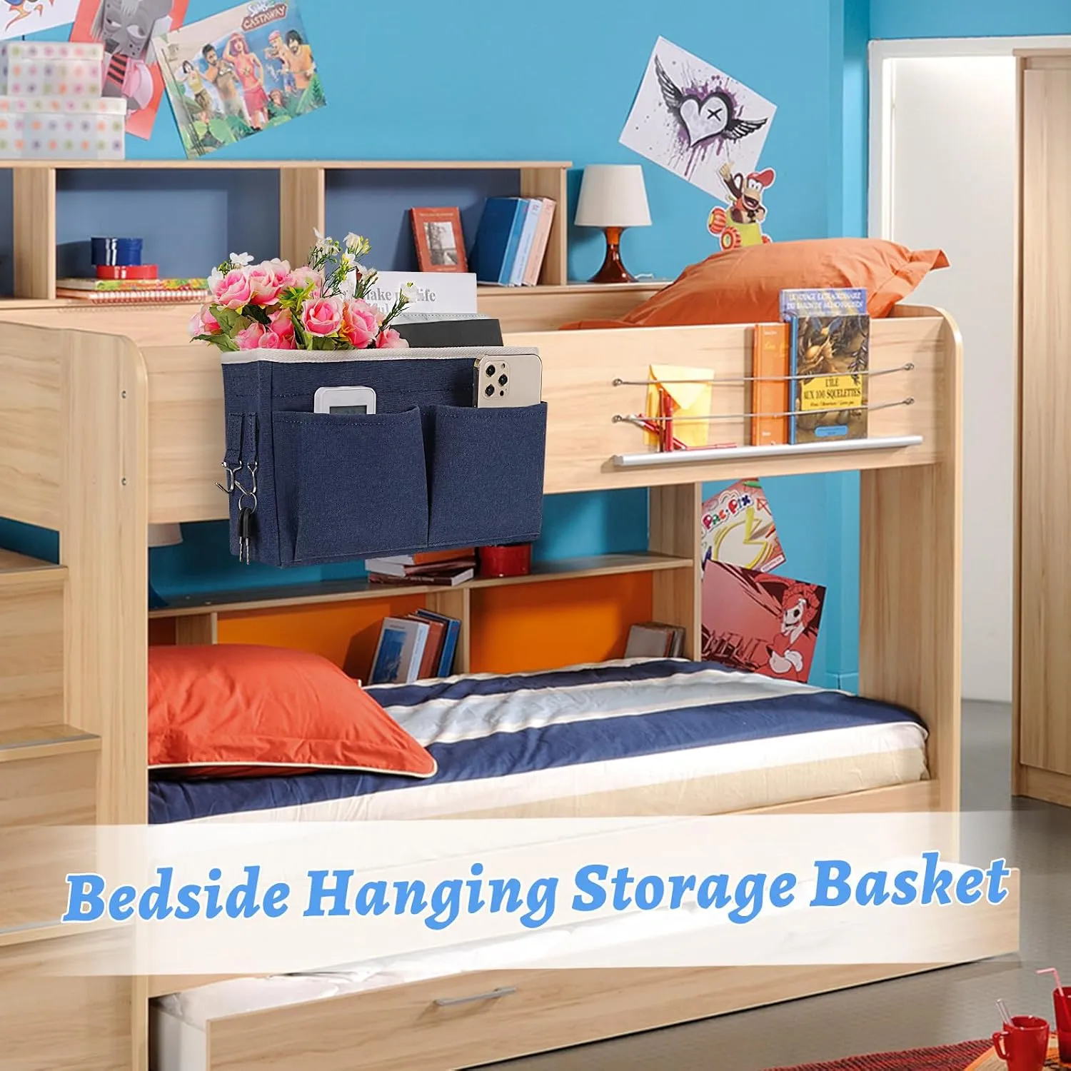 Bedside Caddy Hanging Storage with Water Bottle Holder for Bunk Bed Hospital Bed Dorm Rooms (2 Pack Dark Blue)