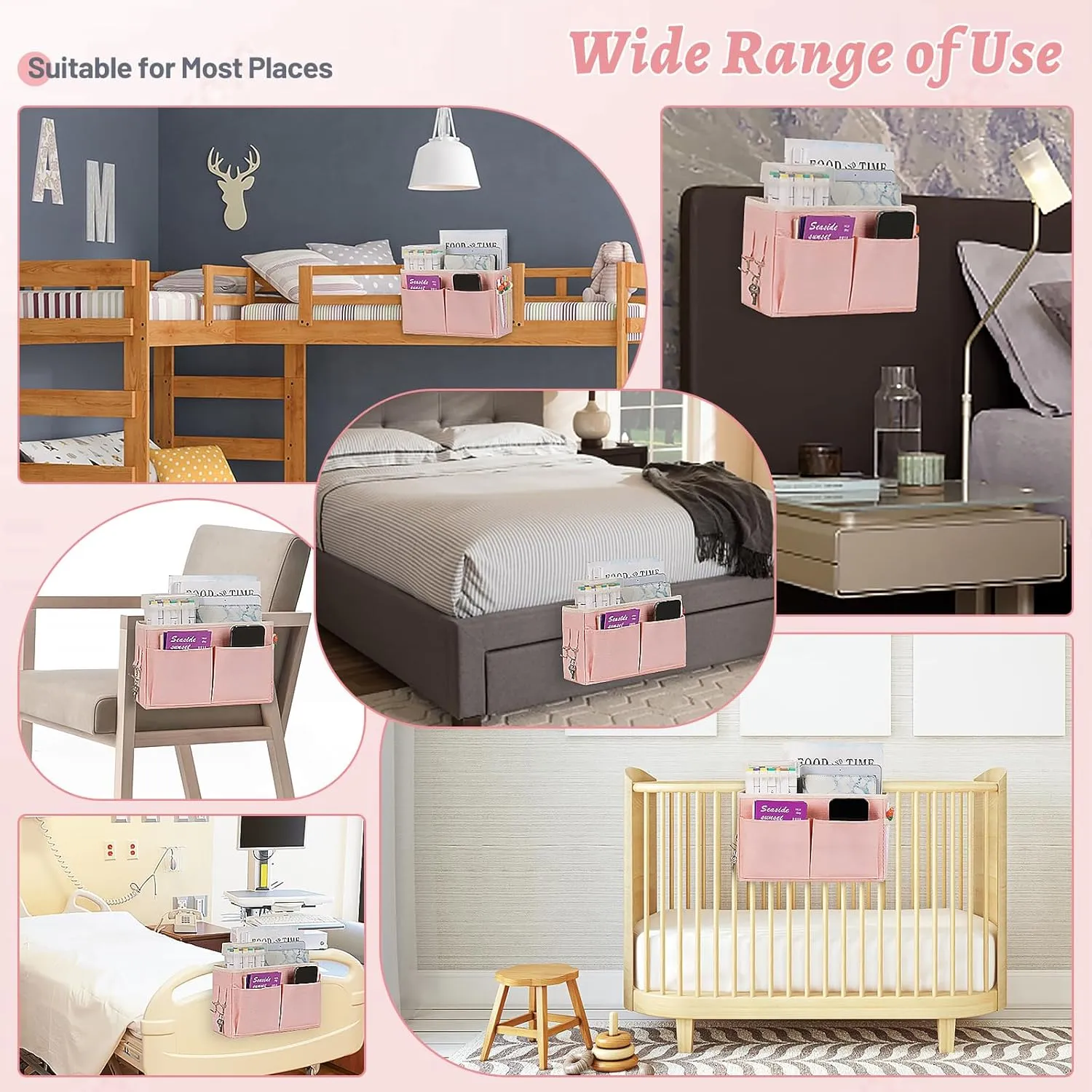 Bedside Caddy Hanging Storage with Water Bottle Holder for Bunk Bed, Hospital Bed, Dorm Rooms (2 Pack Pink)