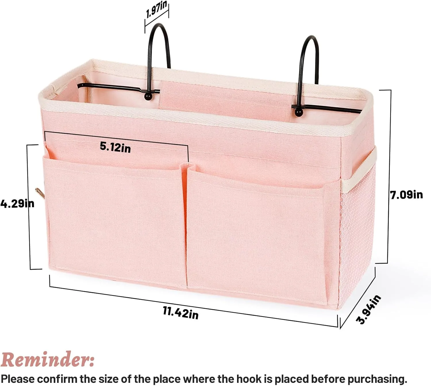 Bedside Caddy Hanging Storage with Water Bottle Holder for Bunk Bed, Hospital Bed, Dorm Rooms (2 Pack Pink)