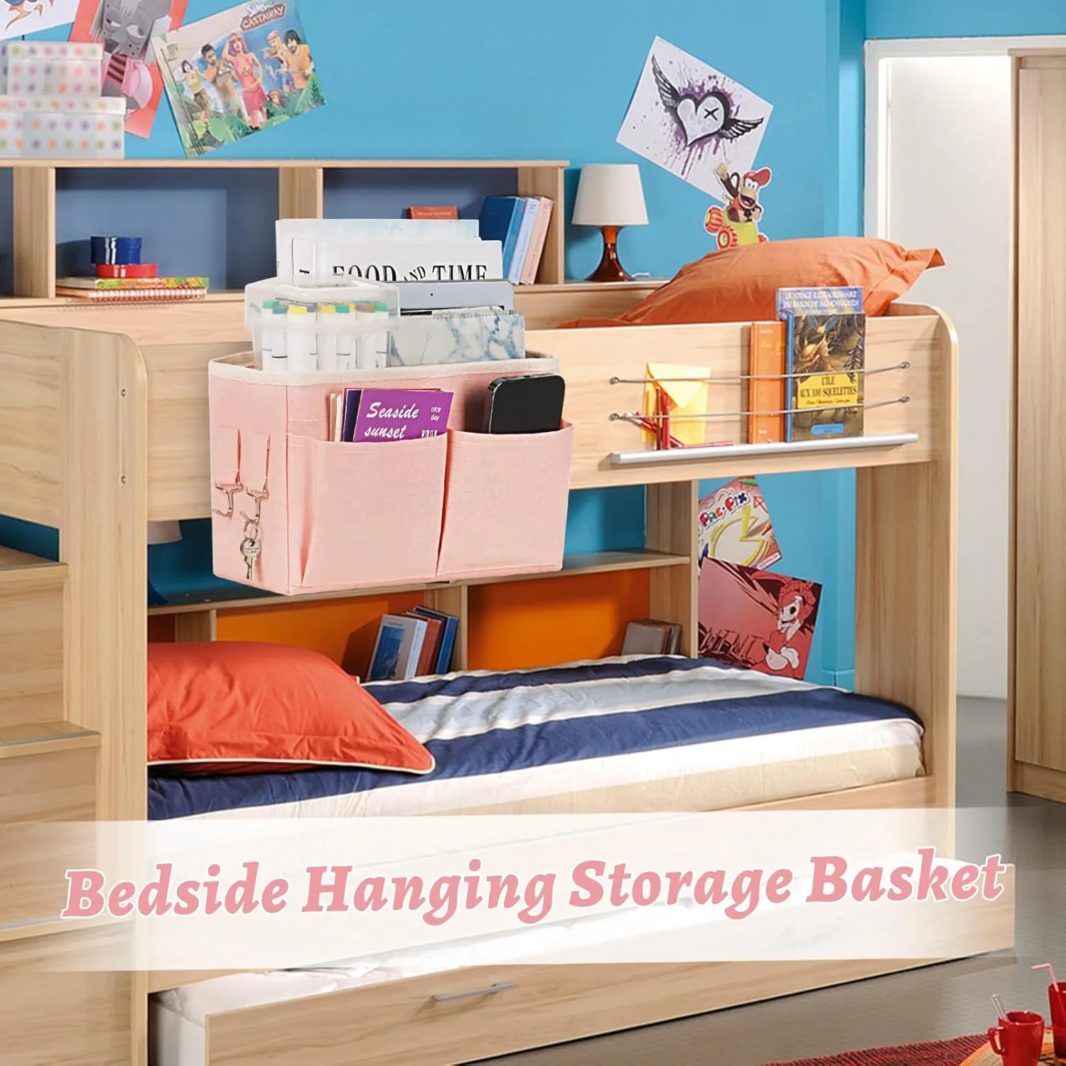 Bedside Caddy Hanging Storage with Water Bottle Holder for Bunk Bed, Hospital Bed, Dorm Rooms (2 Pack Pink)