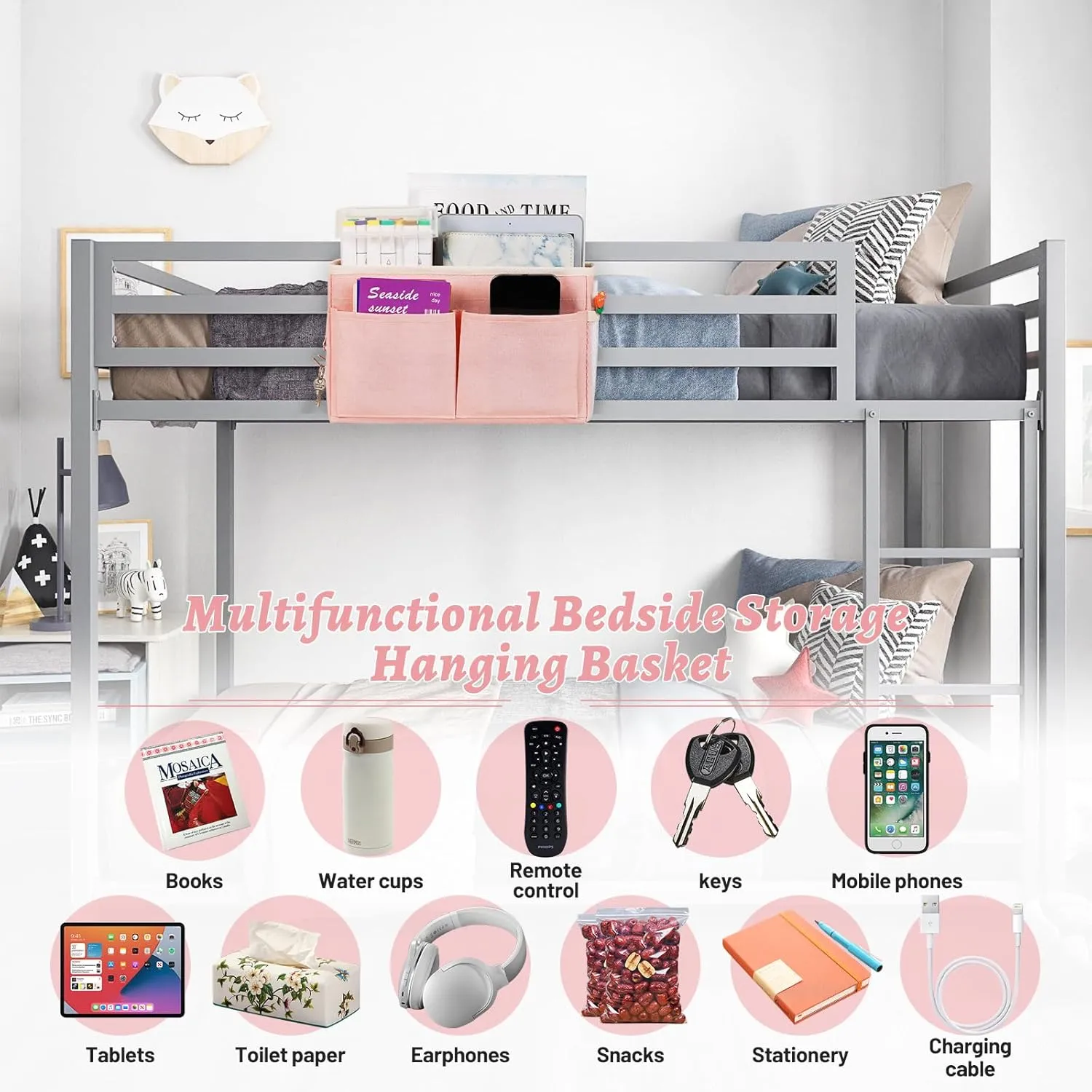Bedside Caddy Hanging Storage with Water Bottle Holder for Bunk Bed, Hospital Bed, Dorm Rooms (2 Pack Pink)