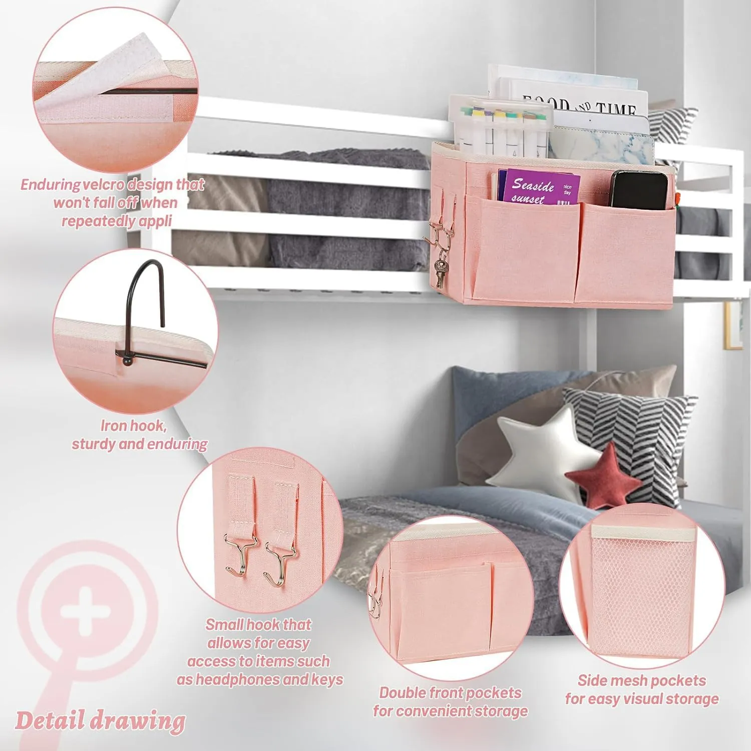 Bedside Caddy Hanging Storage with Water Bottle Holder for Bunk Bed, Hospital Bed, Dorm Rooms (2 Pack Pink)