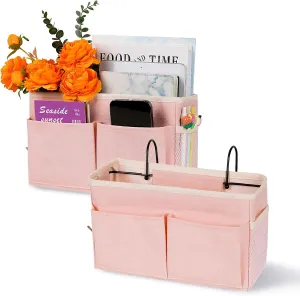 Bedside Caddy Hanging Storage with Water Bottle Holder for Bunk Bed, Hospital Bed, Dorm Rooms (2 Pack Pink)