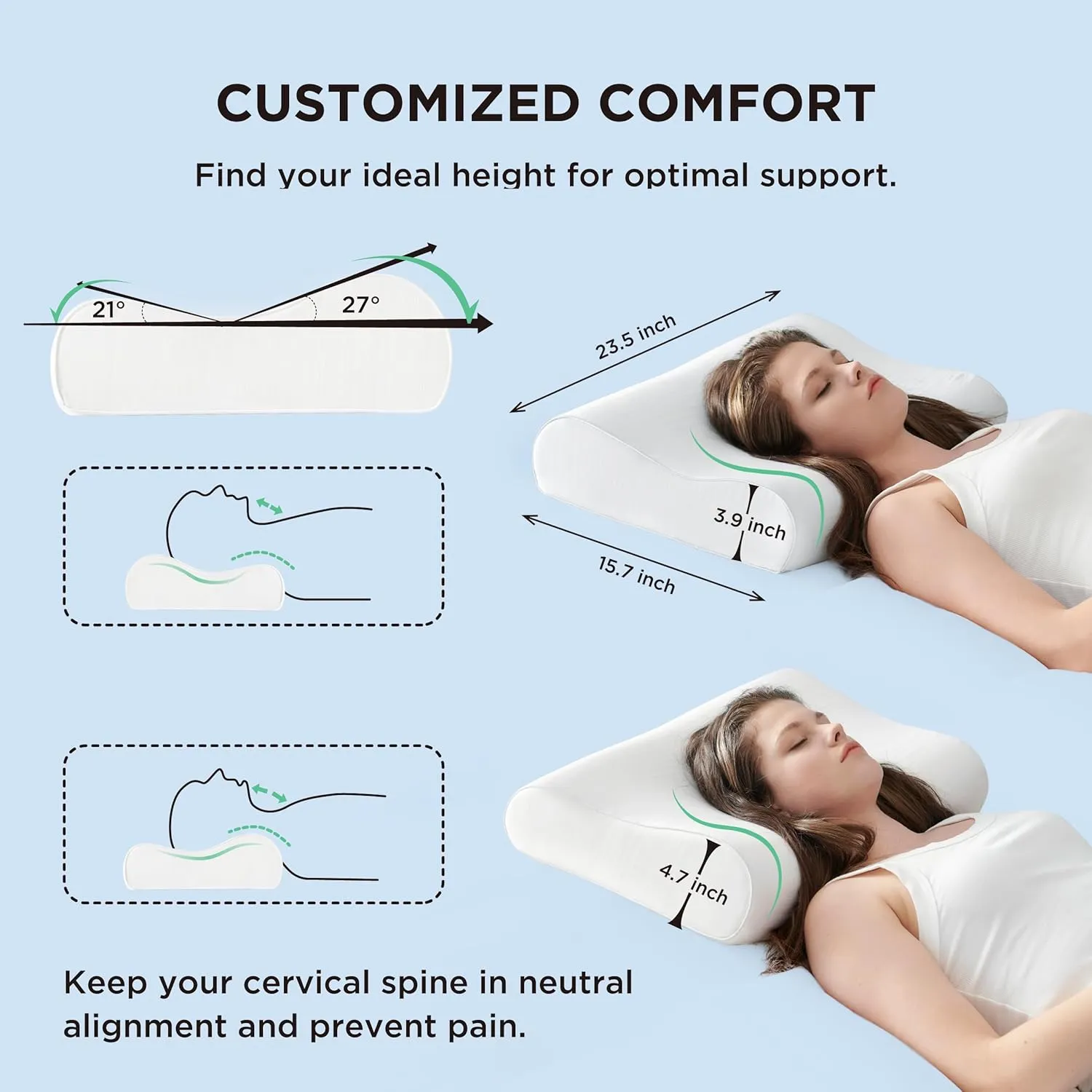Bedsure Cervical Neck Pillow for Sleeping, Odorless Memory Foam with Cool-Touch Ice Pillowcases, Ergonomic Contour Pain Relief, Dorm Neck Support Pillows for Side, Back, Stomach Sleepers