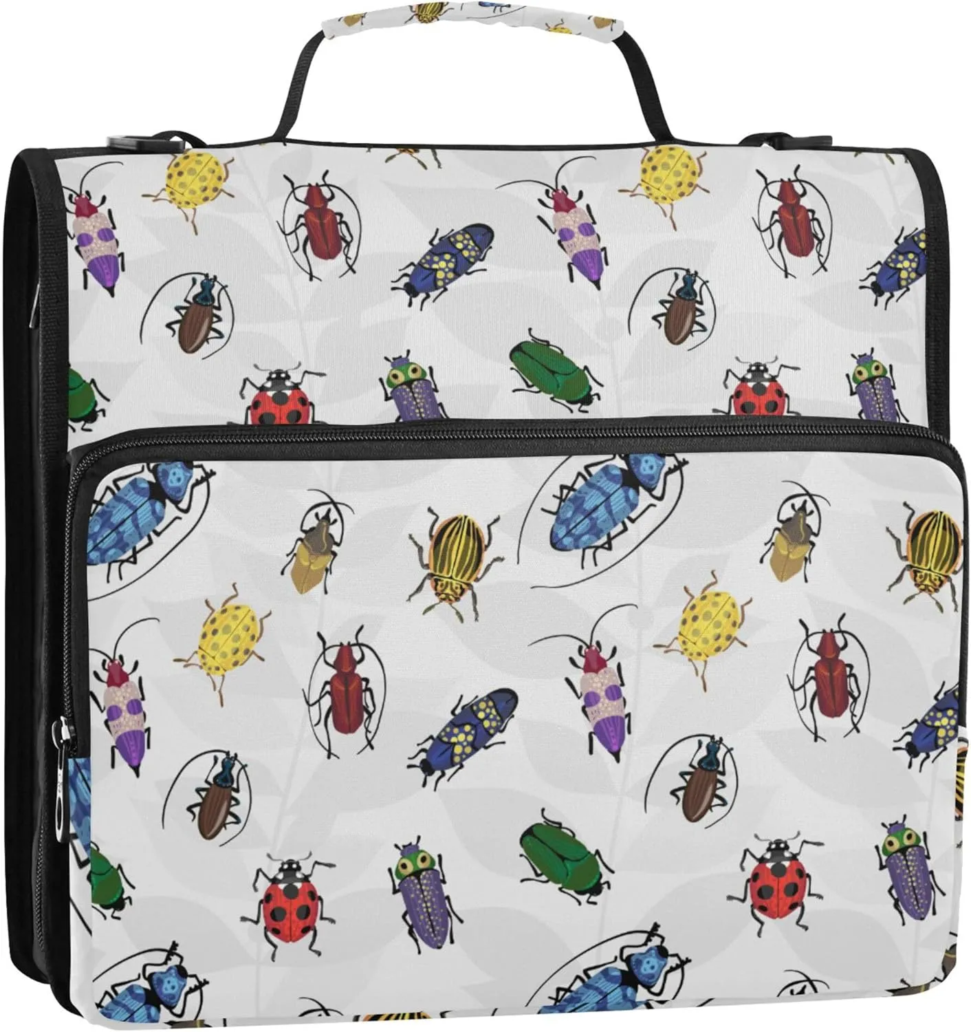 Beetles Insect Cartoon Bug Zipper Binder, 1.5 inch 3 Ring Binder Organizer Bag with Shoulder Strap and Handle, 500 Sheet Capacity