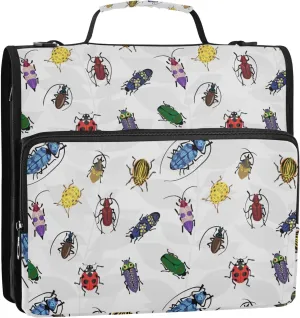 Beetles Insect Cartoon Bug Zipper Binder, 1.5 inch 3 Ring Binder Organizer Bag with Shoulder Strap and Handle, 500 Sheet Capacity