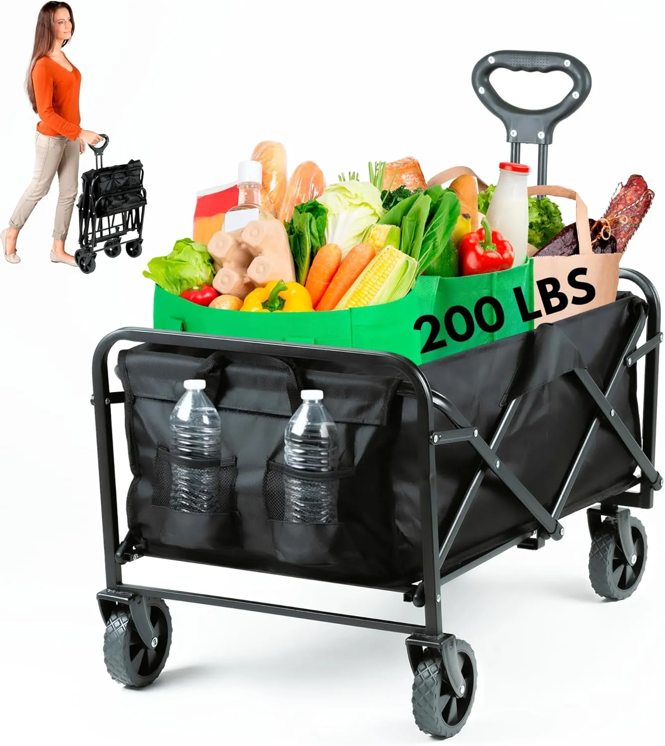 Befrima Heavy Duty Collapsible Wagon Cart - Multi-Functional Sports, Shopping, and Camping, Utility Cart with Four Wheels, Foldable Beach Cart, Large Capacity 350 Lbs, Black, AO-FW-01