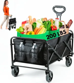 Befrima Heavy Duty Collapsible Wagon Cart - Multi-Functional Sports, Shopping, and Camping, Utility Cart with Four Wheels, Foldable Beach Cart, Large Capacity 350 Lbs, Black, AO-FW-01