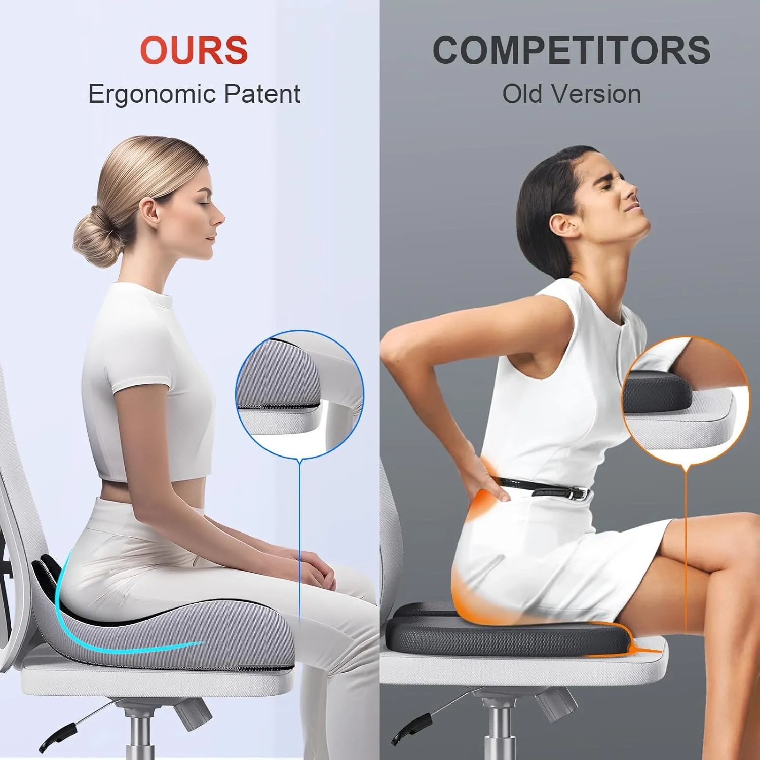 Benazcap X Large Memory Seat Cushion for Office Chair Ergonomic Cushions Butt Pillow for Pressure Relief Sciatica & Pain Relief Memory Foam for Long Sitting for Gaming Chair and Car Seat-Black & Grey