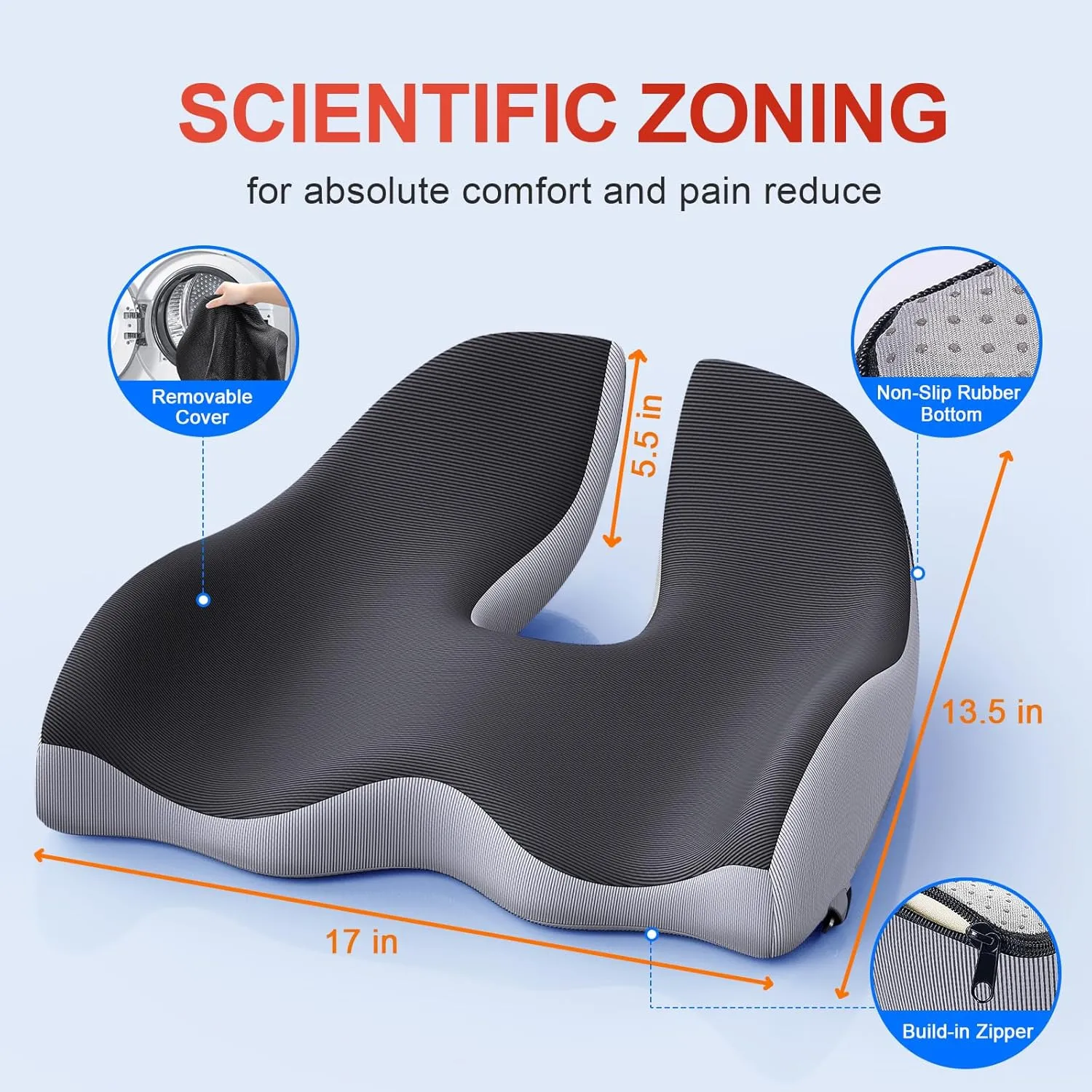 Benazcap X Large Memory Seat Cushion for Office Chair Ergonomic Cushions Butt Pillow for Pressure Relief Sciatica & Pain Relief Memory Foam for Long Sitting for Gaming Chair and Car Seat-Black & Grey