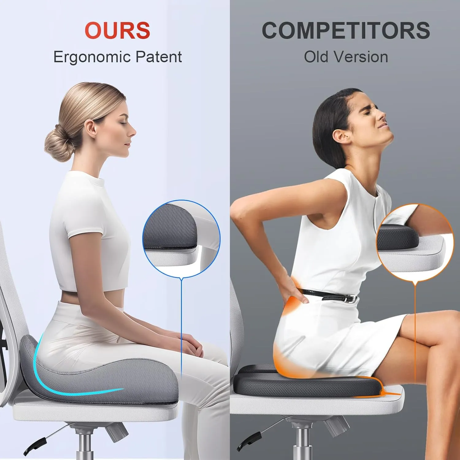 Benazcap X Large Memory Seat Cushion for Office Chair Ergonomic Cushions Butt Pillow for Pressure Relief Sciatica & Pain Relief Memory Foam for Long Sitting for Gaming Chair and Car Seat-Dark Grey