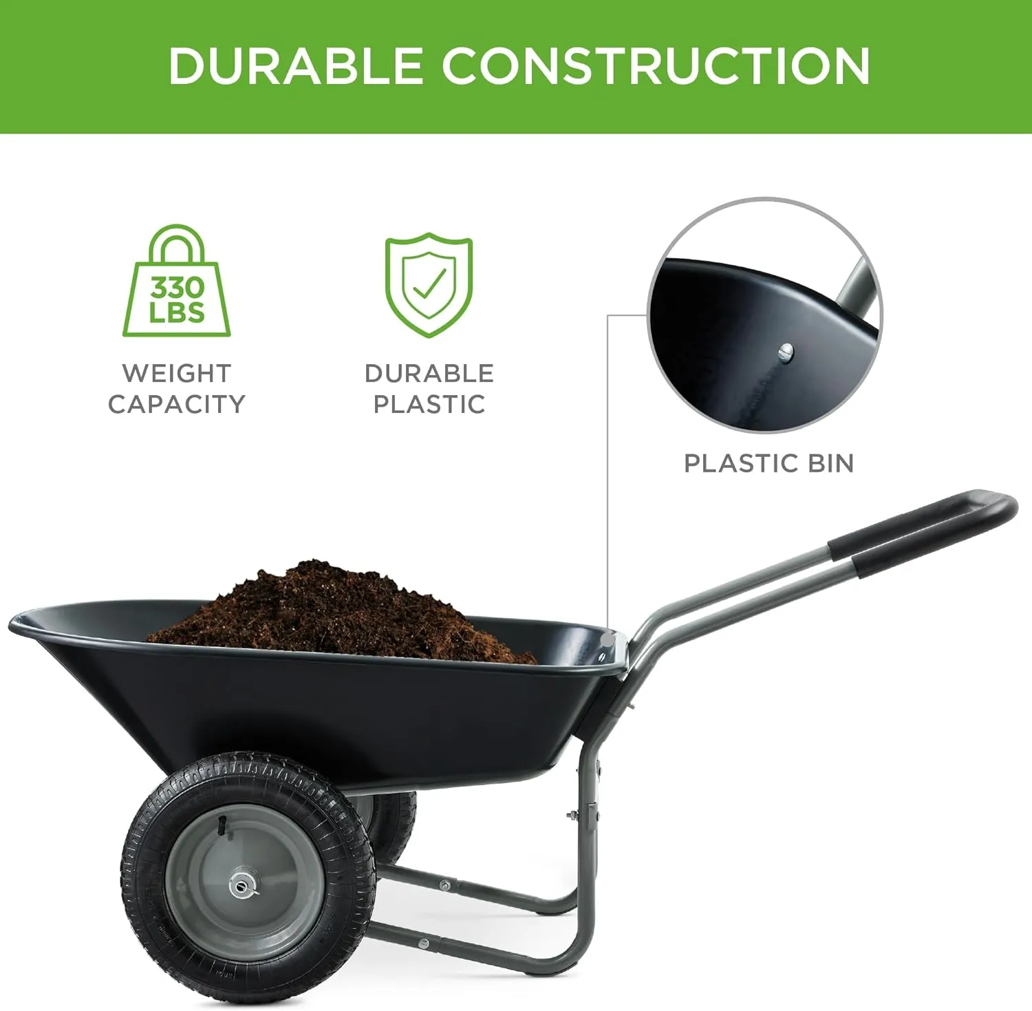 Best Choice Products Dual-Wheel Home Utility Yard Wheelbarrow Garden Cart w/Built-in Stand for Lawn, Gardening, Construction - Black