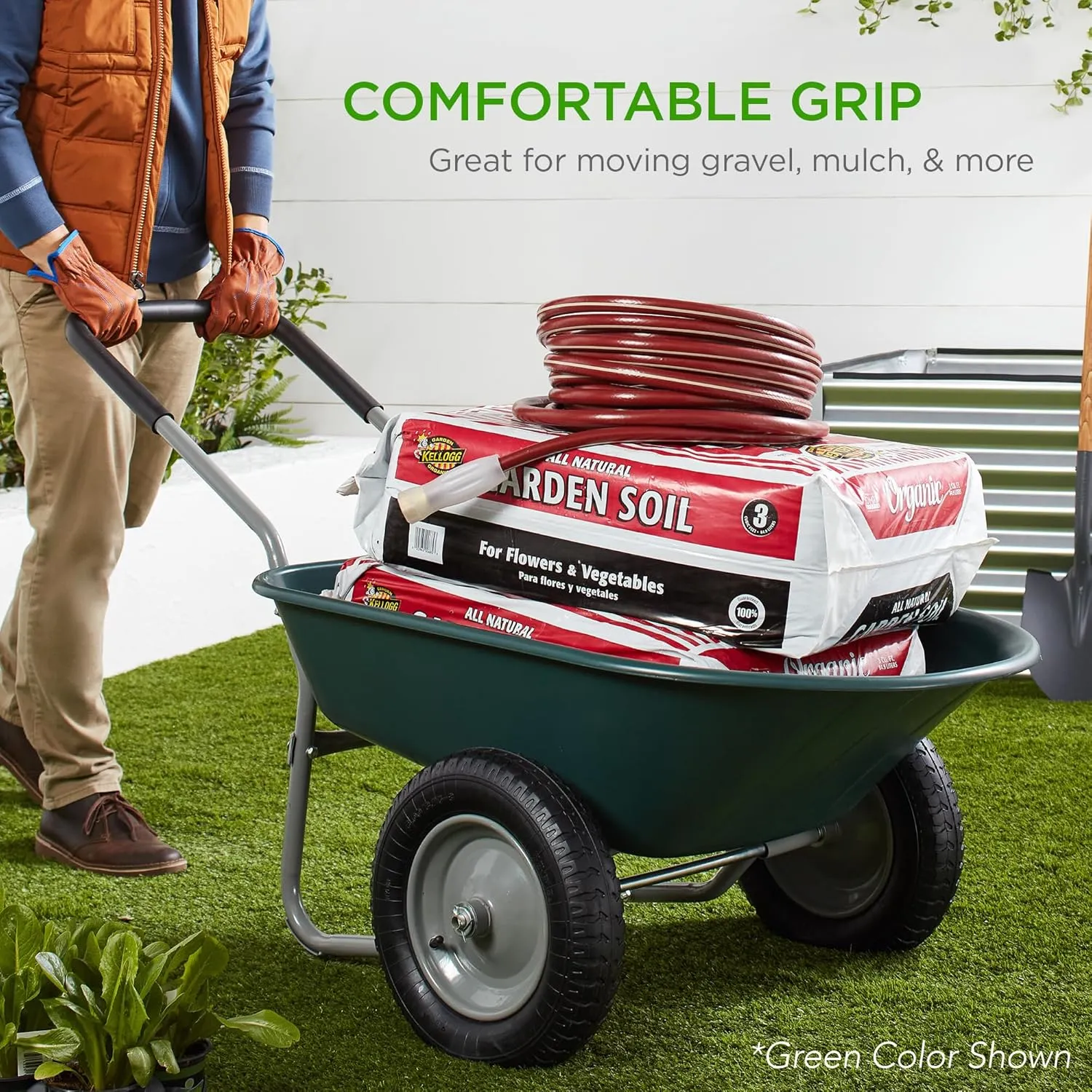 Best Choice Products Dual-Wheel Home Utility Yard Wheelbarrow Garden Cart w/Built-in Stand for Lawn, Gardening, Construction - Red