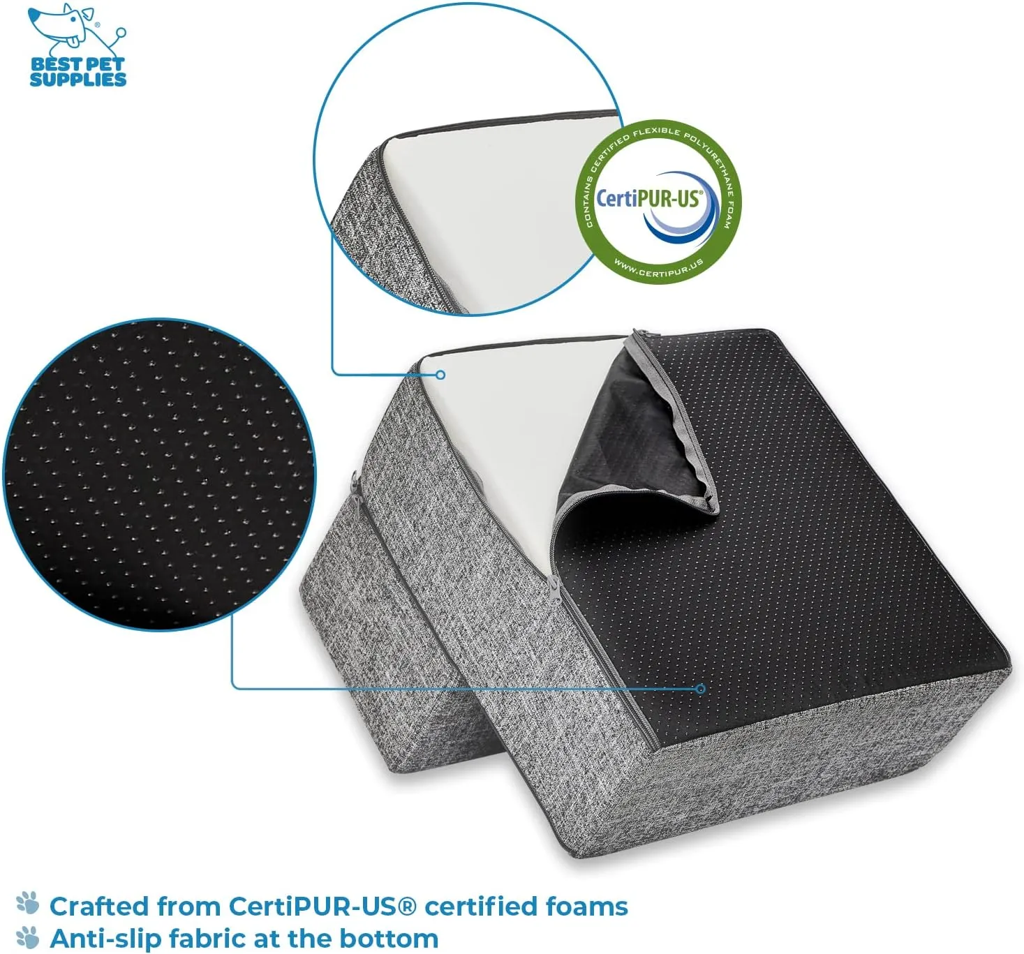 Best Pet Supplies Foldable Pet Steps/Stairs with CertiPUR-US Certified Foam for Small to Medium Dogs/Cats - Ash Gray Linen, 2-Step (H: 12")