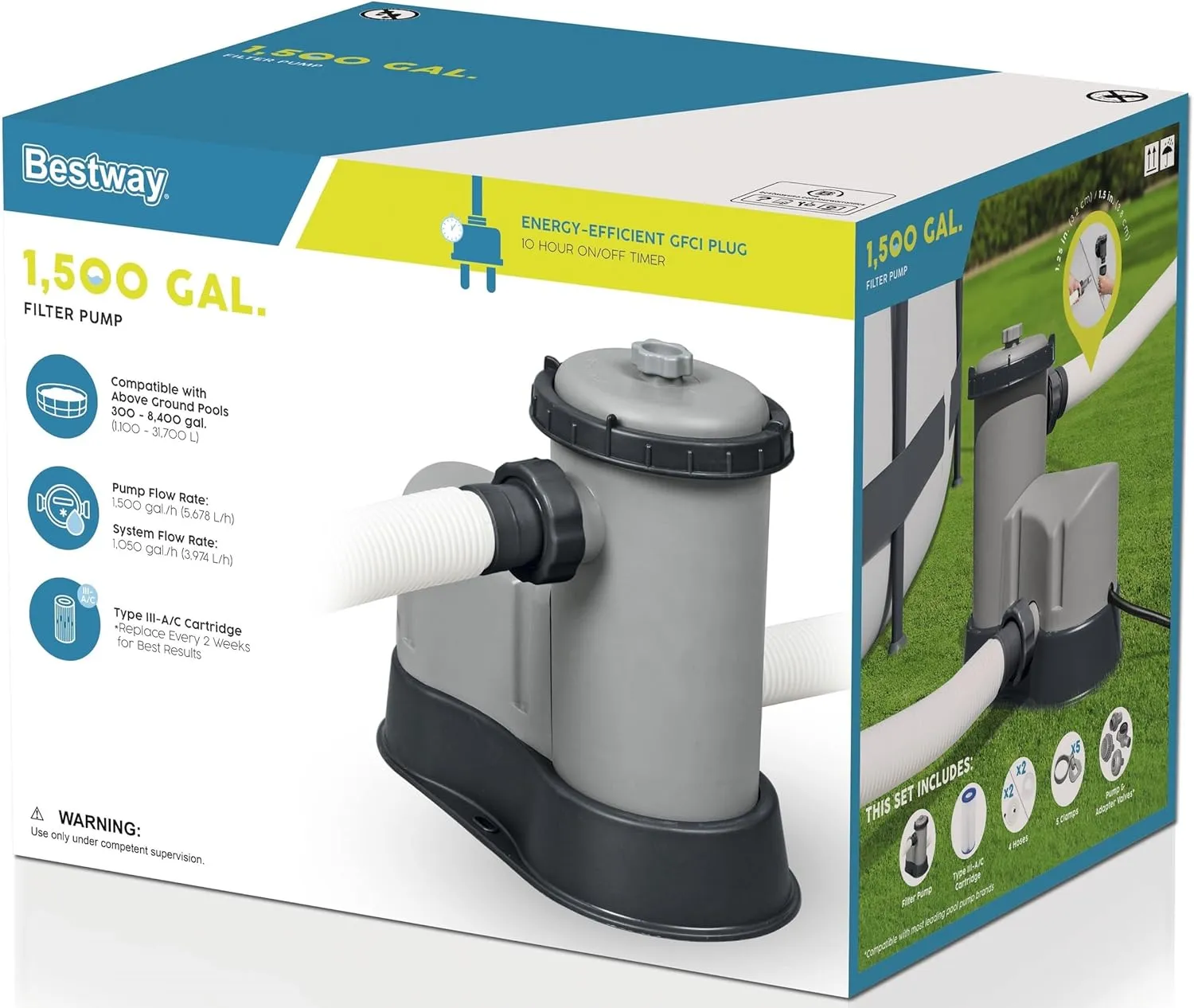 Bestway 58390E Flowclear 1500 GPH Filter Pump for 300 to 8,400 Gallon Above Ground Swimming Pool with Adaptors and Energy Saving Plug