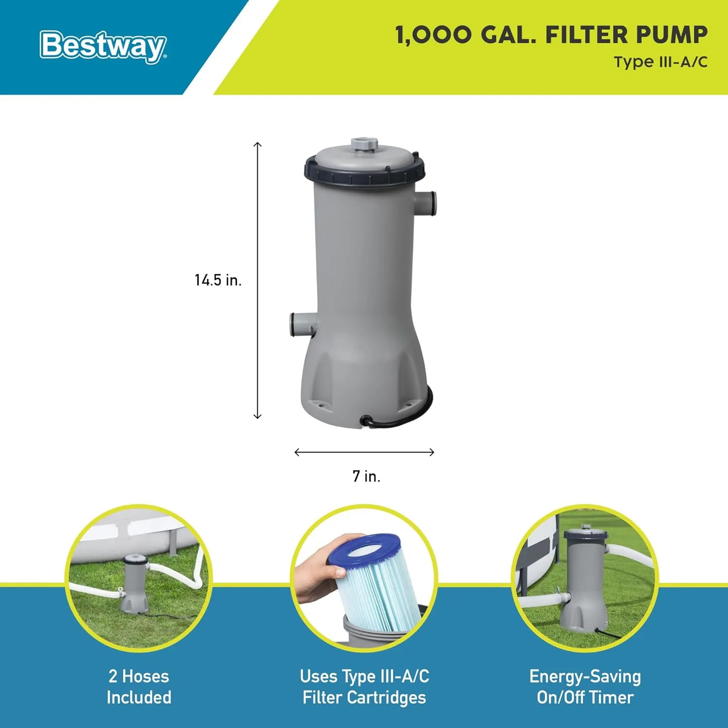 Bestway Flowclear 1,000 Gallons Per Hour 120 Volt Above Ground Swimming Pool Water Filter Pump Cartridge with Automatic Shut Off Timer