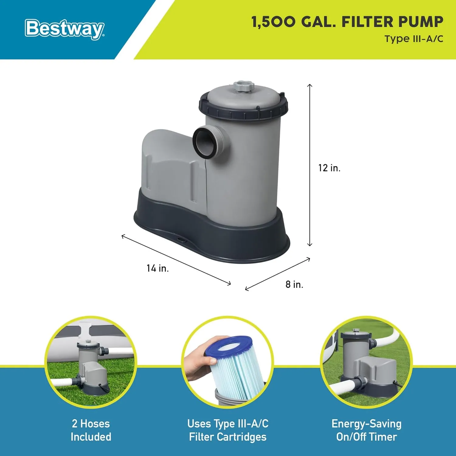 Bestway Flowclear 1,500 GPH 120 Volt Above Ground Swimming Pool Water Filter Pump with Automatic Shut Off Timer and Adapters Set
