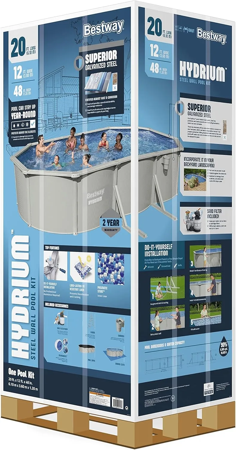 Bestway Hydrium Galvanized Steel Wall Above Ground Pool Set 20' x 12' x 48" | Semi-Permanent, Year-Round Oval Swimming Pool | Includes Sand Filter, Skimmer, Ladder, Ground Cloth, Cover