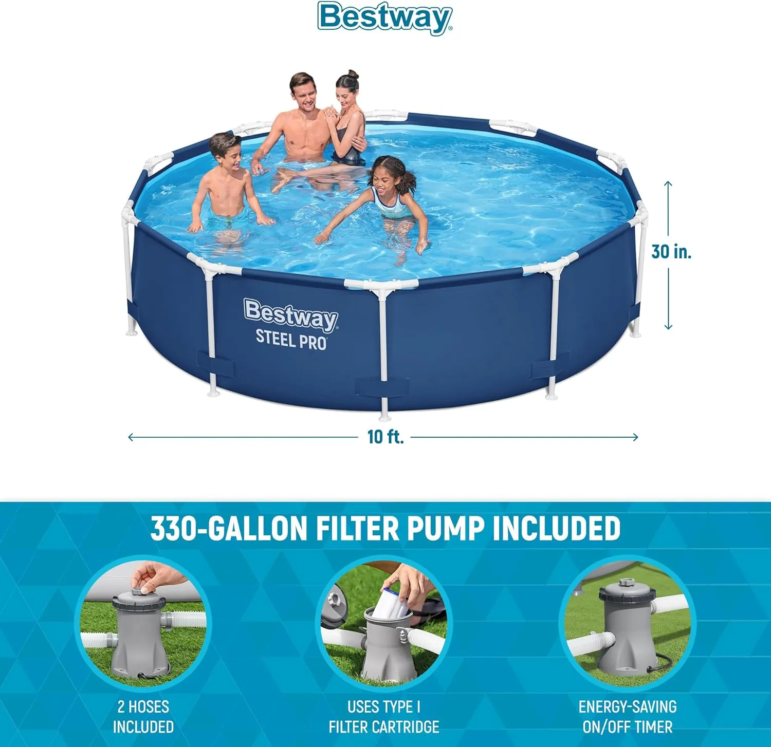 Bestway Steel Pro 10 Foot x 30 Inch Round Framed Above Ground Outdoor Backyard Swimming Pool Set with 330 GPH Filter Pump, Blue