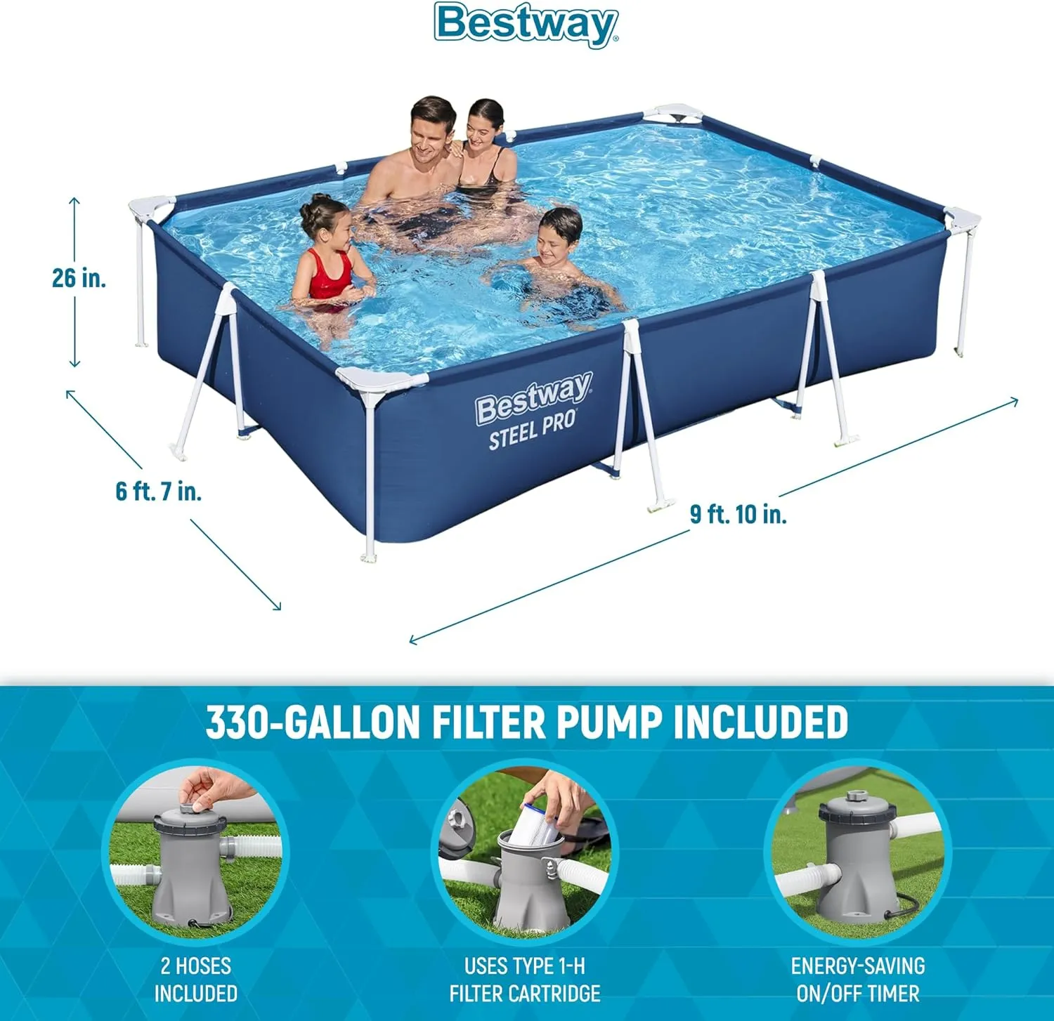 Bestway Steel Pro 9' 10" x 6' 7" x 26" Rectangular Above Ground Pool Set with 827 Gallon Capacity, DuraPlus Liner, and Flowclear 330 GPH Filter Pump