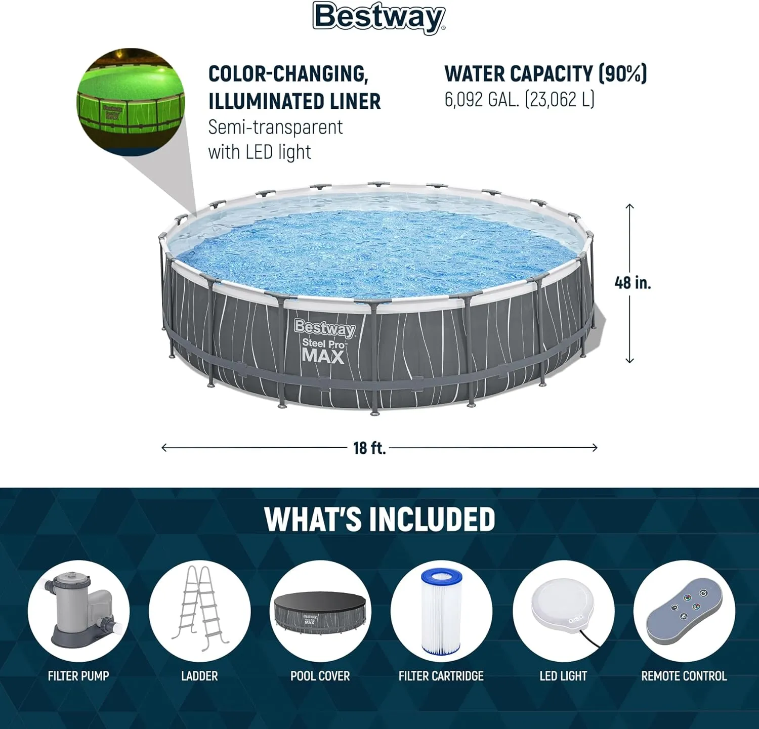 Bestway Steel Pro MAX 18 Foot x 48 Inches Metal Frame Above Ground Round Swimming Pool Set with LED Light, Remote Control, Ladder, and Pool Cover