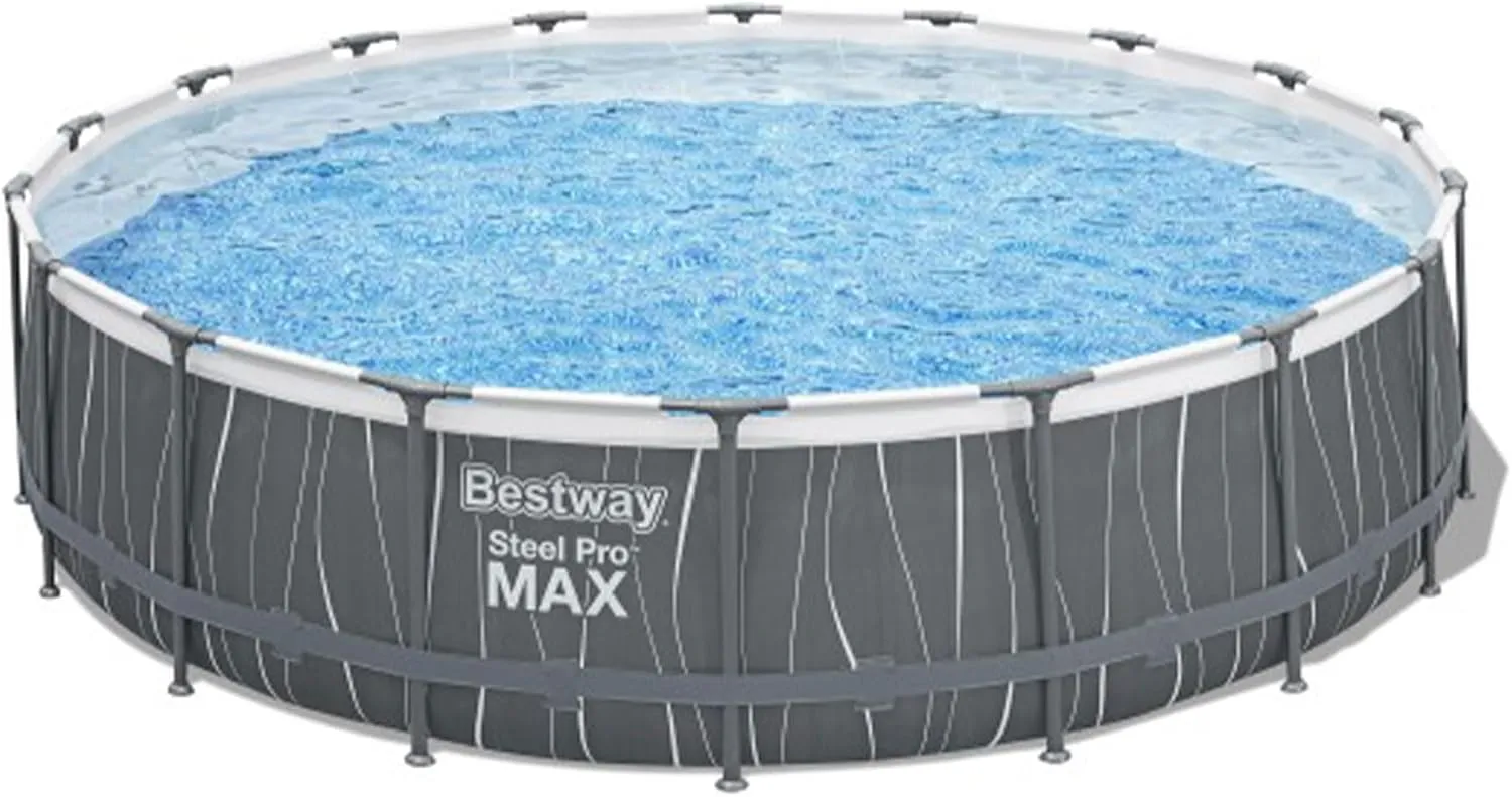 Bestway Steel Pro MAX 18 Foot x 48 Inches Metal Frame Above Ground Round Swimming Pool Set with LED Light, Remote Control, Ladder, and Pool Cover