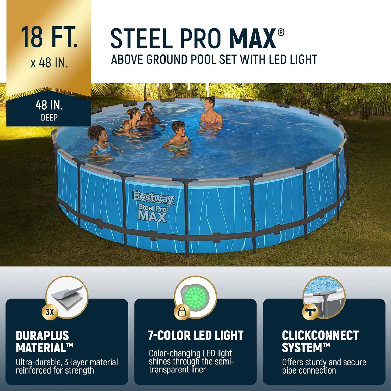 Bestway Steel Pro MAX 18 Foot x 48 Inches Metal Frame Above Ground Round Swimming Pool Set with LED Light, Remote Control, Ladder, and Pool Cover