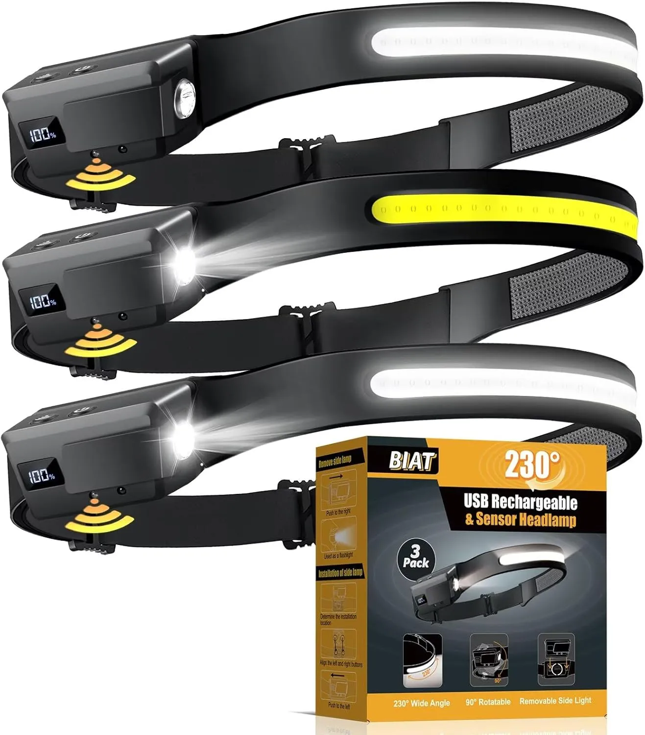 BIAT LED Headlamp Rechargeable 3PCS, 230° Wide Beam Headlight with Motion Sensor, 90° Rotation and Removable Head Lights for Forehead, 5Mode Head Lamp for Adults, Camping Essentials Gear for Hiking