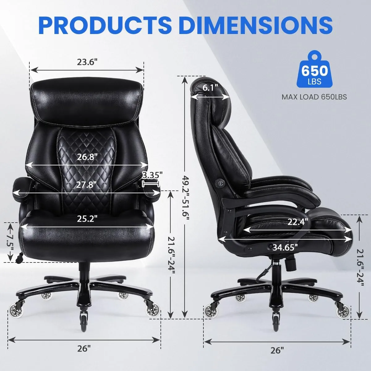 Big and Tall Office Chair 650lbs, Ergonomic Oversize Heavy Duty Executive Chair for Heavy People with Wide Thick Seat Cushion, Adjustable Lumbar Support, Quiet Rubber Wheels
