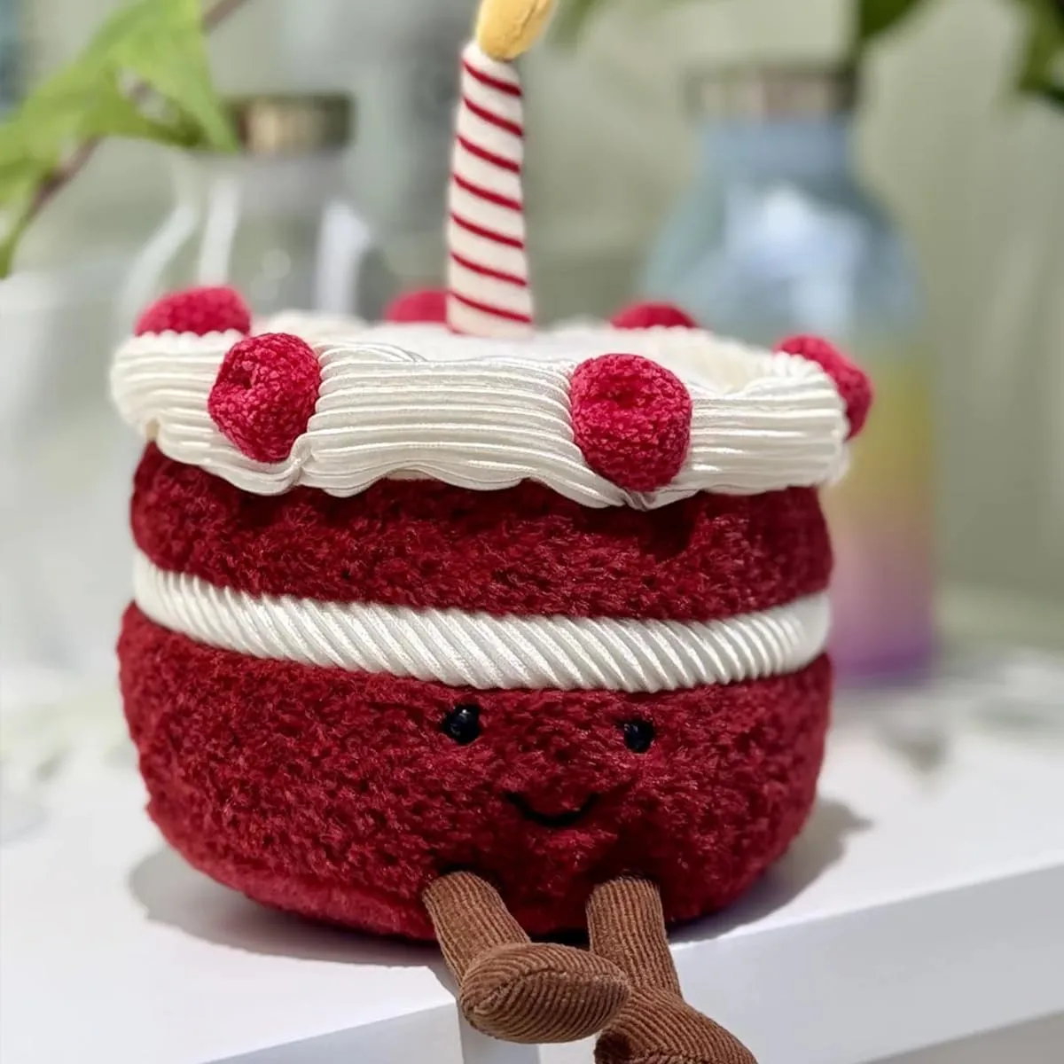 Birthday Cake Plush, 7.9" Cute Birthday Stuffed Animal for Girls, Funny Food Plushie, Soft Smile Cake Toy Gift for Kids(Red Birthday Cake)