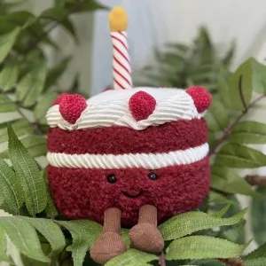 Birthday Cake Plush, 7.9" Cute Birthday Stuffed Animal for Girls, Funny Food Plushie, Soft Smile Cake Toy Gift for Kids(Red Birthday Cake)