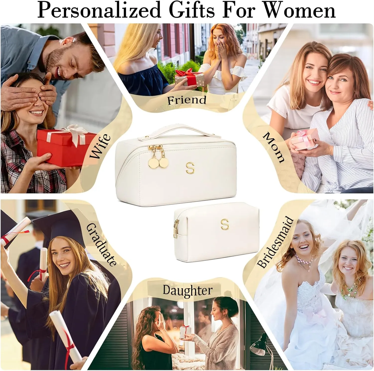 Birthday Gifts for Women Teen Girl, Personalized Initial Makeup Organizer Bag Set, Open Flat Travel Cosmetic Bag With Clear Divider and Handle(Beige,S)