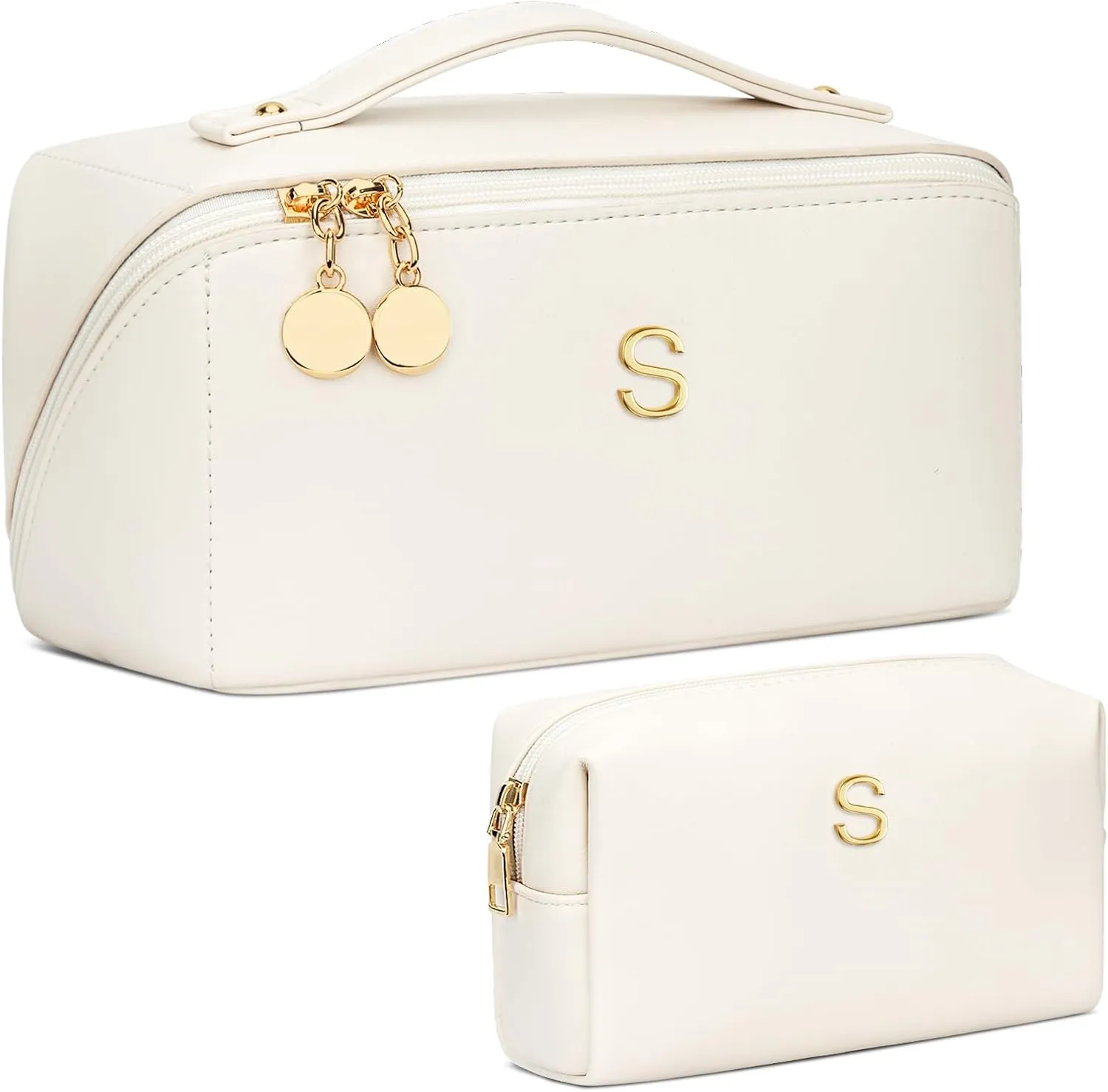 Birthday Gifts for Women Teen Girl, Personalized Initial Makeup Organizer Bag Set, Open Flat Travel Cosmetic Bag With Clear Divider and Handle(Beige,S)
