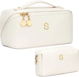 Birthday Gifts for Women Teen Girl, Personalized Initial Makeup Organizer Bag Set, Open Flat Travel Cosmetic Bag With Clear Divider and Handle(Beige,S)