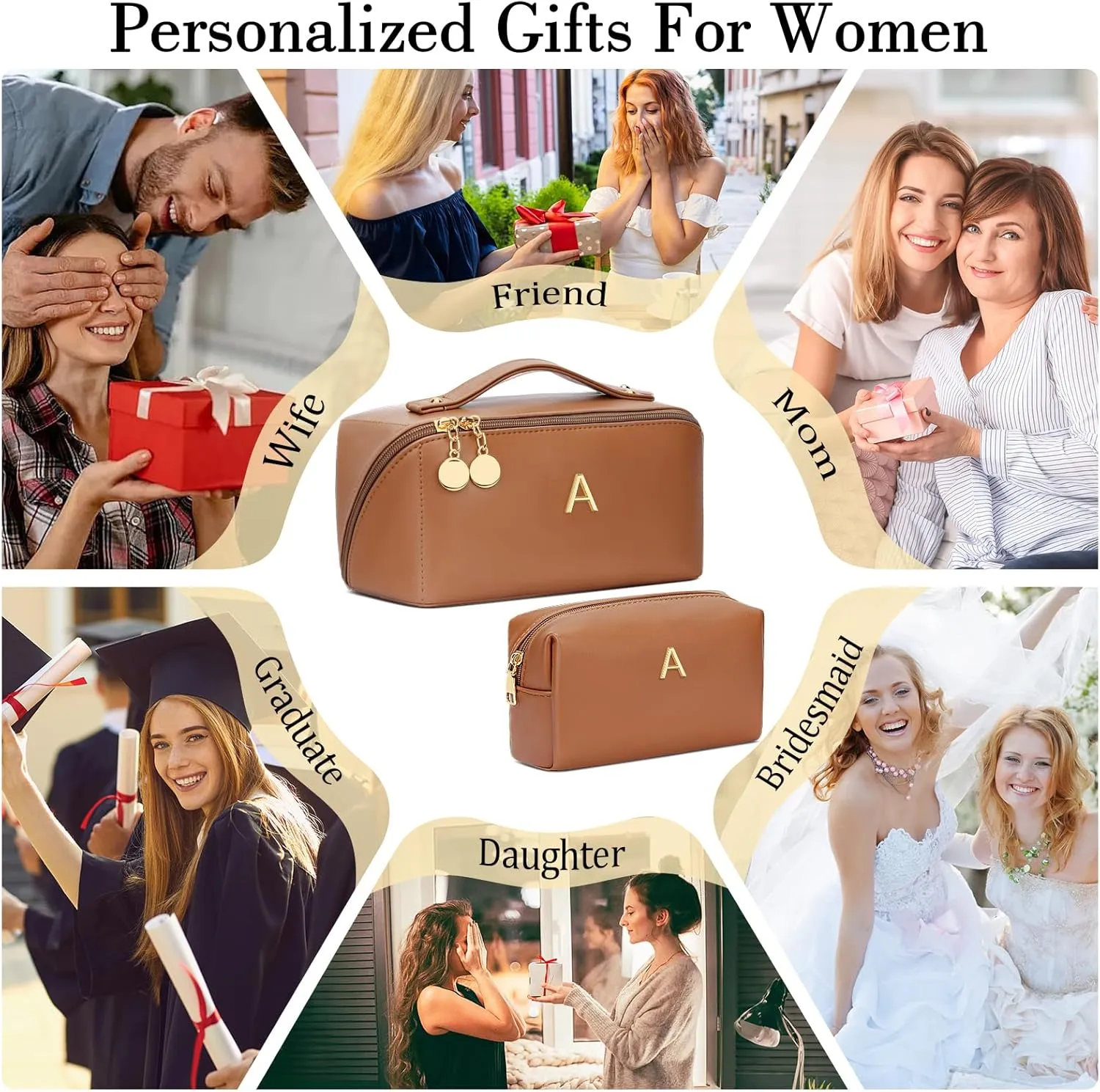 Birthday Gifts for Women Teen Girl, Personalized Initial Makeup Organizer Bag Set, Open Flat Travel Cosmetic Bag With Clear Divider and Handle(Brown,A)