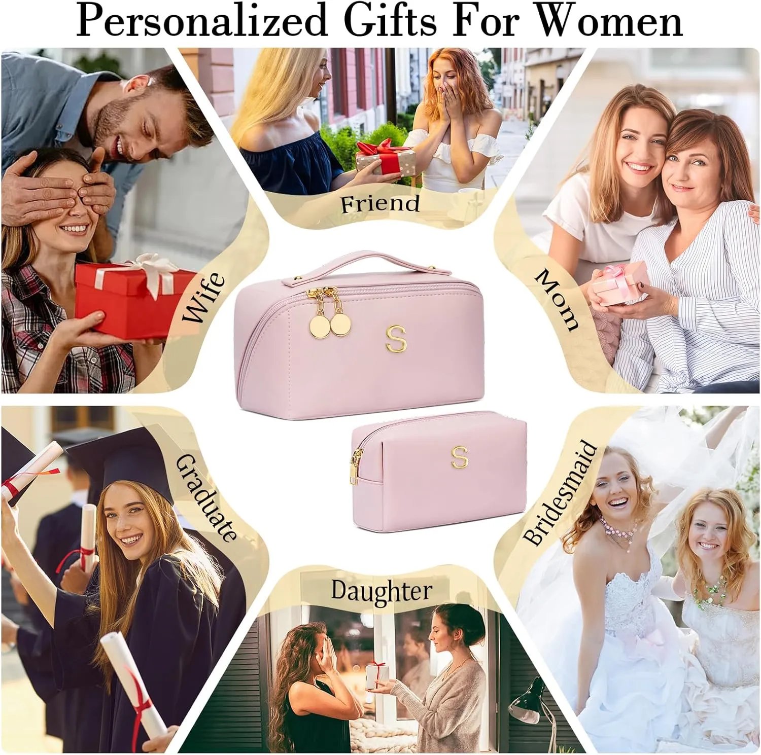 Birthday Gifts for Women Teen Girl, Personalized Initial Makeup Organizer Bag Set, Open Flat Travel Cosmetic Bag With Clear Divider and Handle(Pink,S)