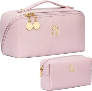Birthday Gifts for Women Teen Girl, Personalized Initial Makeup Organizer Bag Set, Open Flat Travel Cosmetic Bag With Clear Divider and Handle(Pink,S)