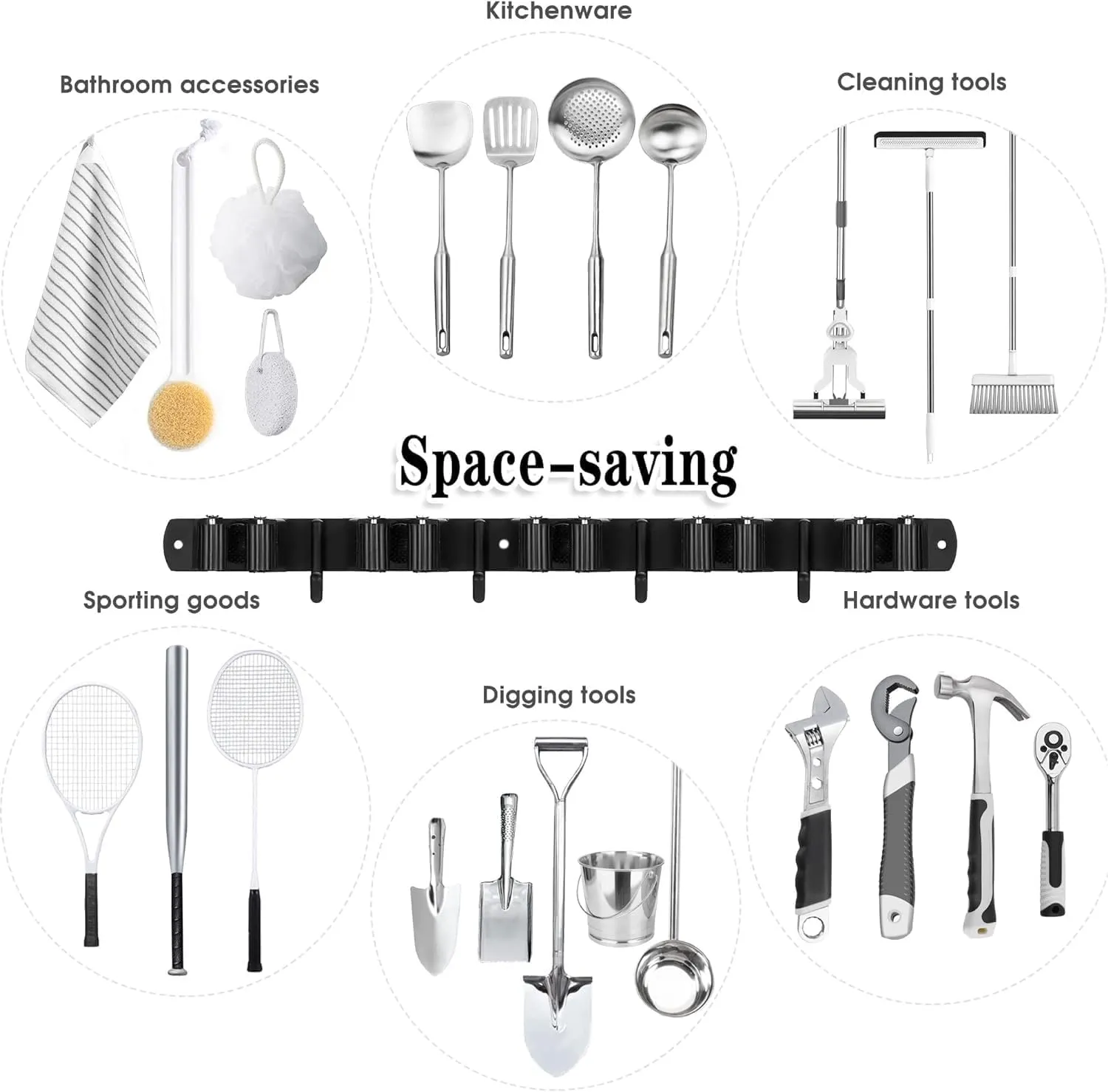Black 5 Racks and 4 Hooks Mop and Broom Holder Wall Mount, Broom Organizer Storage Tool Racks Stainless Steel Heavy Duty Hooks Self Adhesive Solid Non-slip for Home Kitchen Garden Laundry Garage