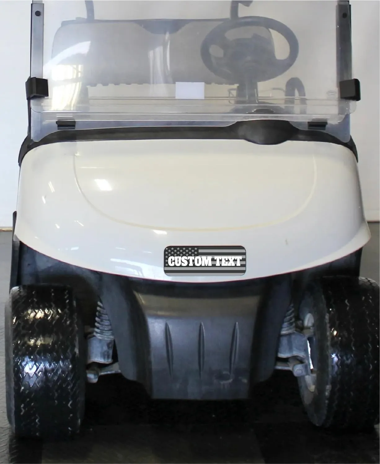 Black and Grey American Flag E-Z-GO Golf Cart Front Name Plate. Fits EZGO 2008-2022 RXV TXT Valor Terrain Elite. Custom Made in The USA!! (Black and Grey Flag W/Custom Text)