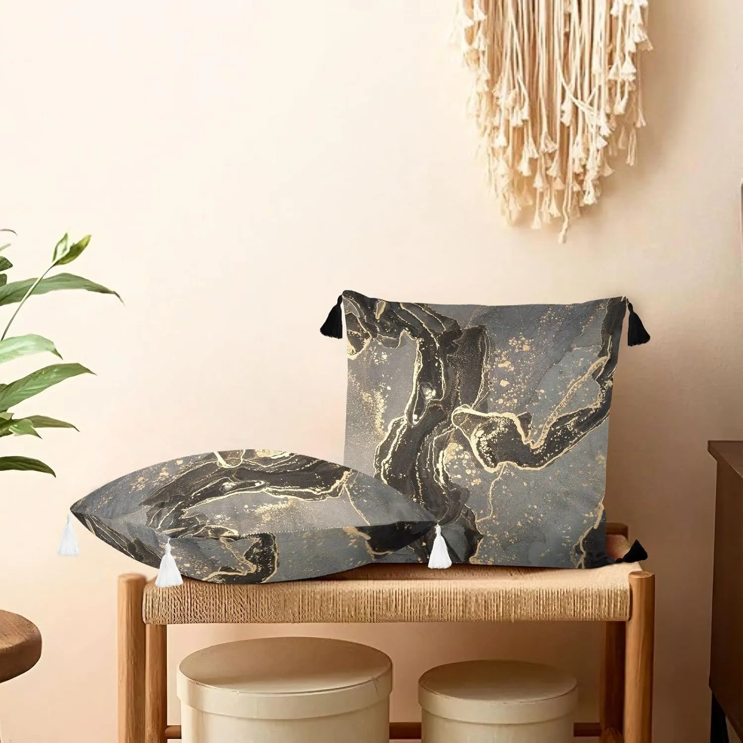Black Gold Grey Marble Stone Marbled Texture Mosaic with Golden Veins One Side Linen-Like Pillow Case Sham Cushion Case Cover with Core, Soft Bed Pillow Case Throw Pillowcase with Core 20x20 inches