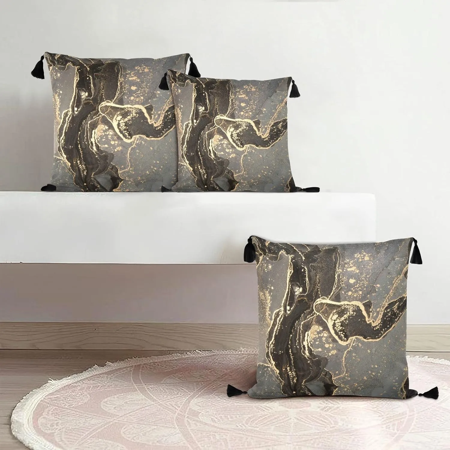 Black Gold Grey Marble Stone Marbled Texture Mosaic with Golden Veins One Side Linen-Like Pillow Case Sham Cushion Case Cover with Core, Soft Bed Pillow Case Throw Pillowcase with Core 20x20 inches