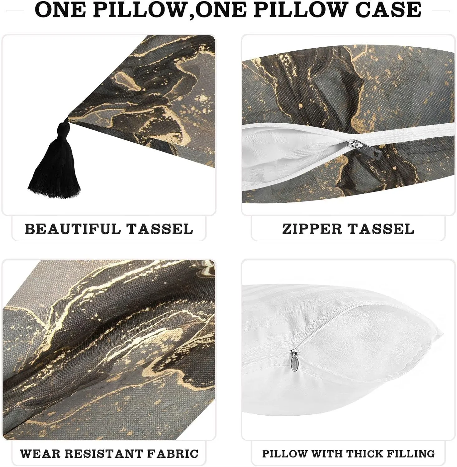 Black Gold Grey Marble Stone Marbled Texture Mosaic with Golden Veins One Side Linen-Like Pillow Case Sham Cushion Case Cover with Core, Soft Bed Pillow Case Throw Pillowcase with Core 20x20 inches