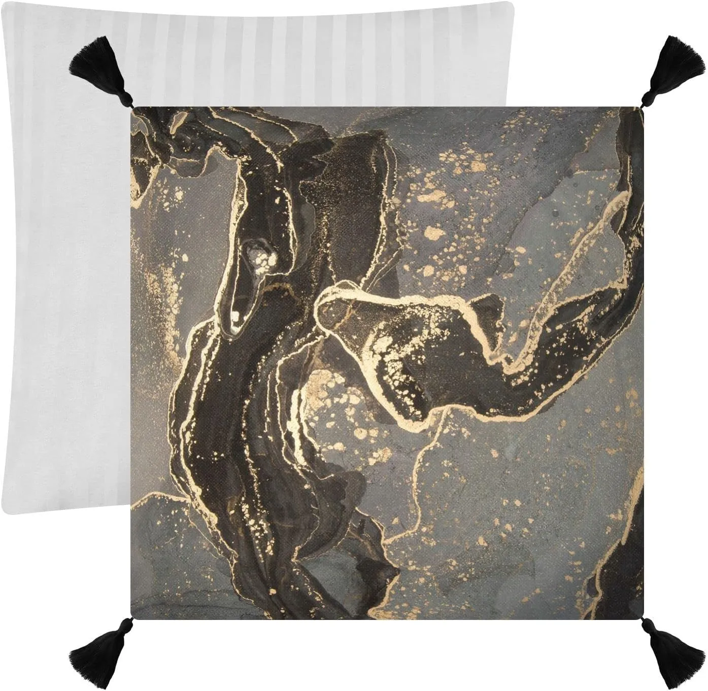Black Gold Grey Marble Stone Marbled Texture Mosaic with Golden Veins One Side Linen-Like Pillow Case Sham Cushion Case Cover with Core, Soft Bed Pillow Case Throw Pillowcase with Core 20x20 inches